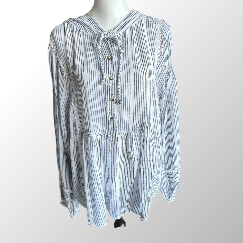 Free People Blue & White Striped Peasant Tie-Neck Blouse